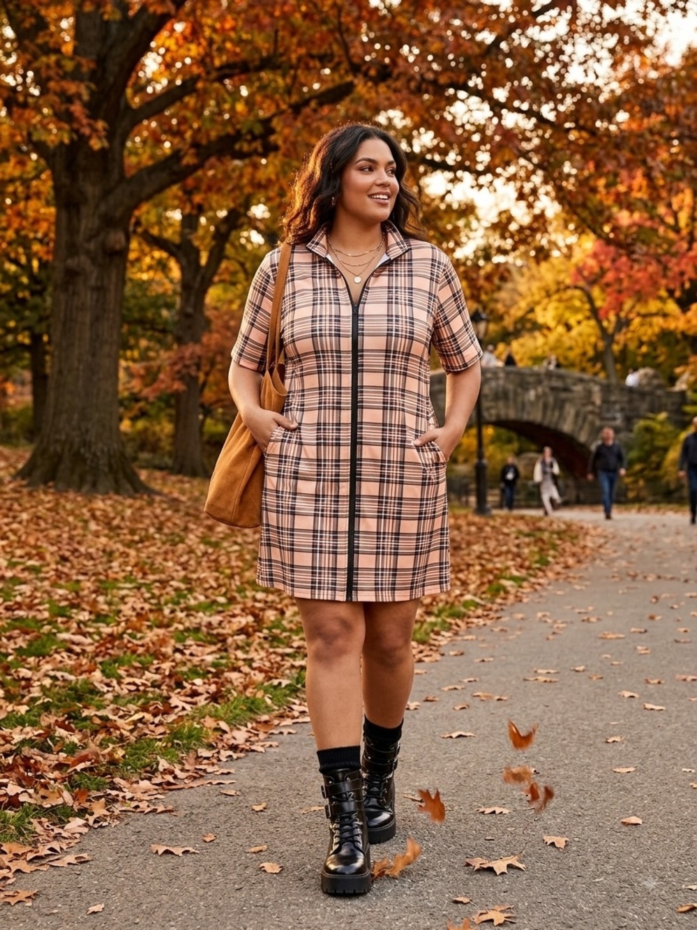 BloomChic Tan, Brown, and Black Plaid Zip-Front Short Sleeve Dress - 20 - 2XL